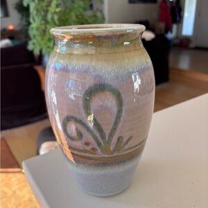 Handmade Glazed Ceramic Flower Motif Vase in Pastel Greens & Lavender